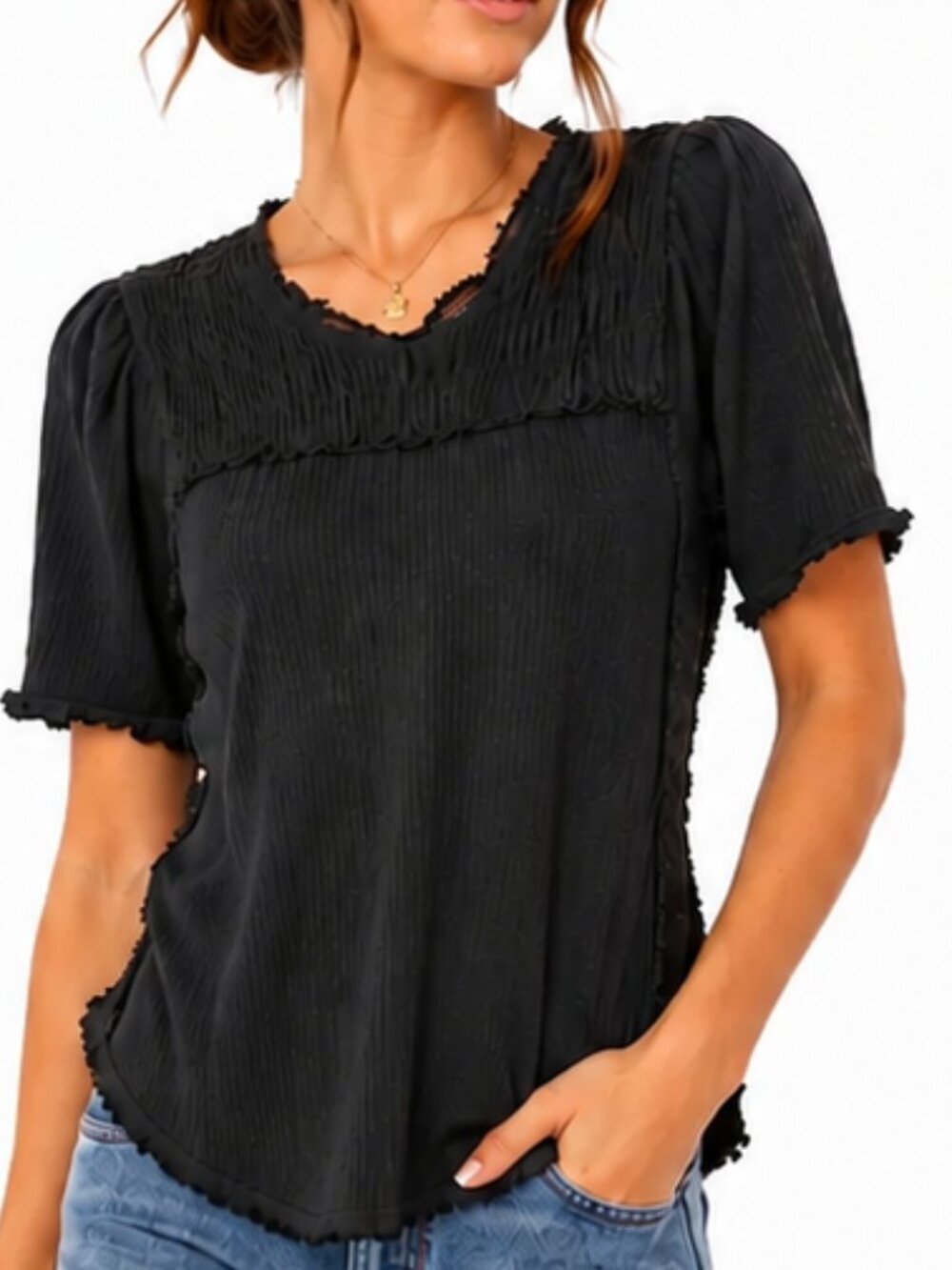 WE THE FREE Black Textured Short Sleeve Smocked Waffle Top size medium